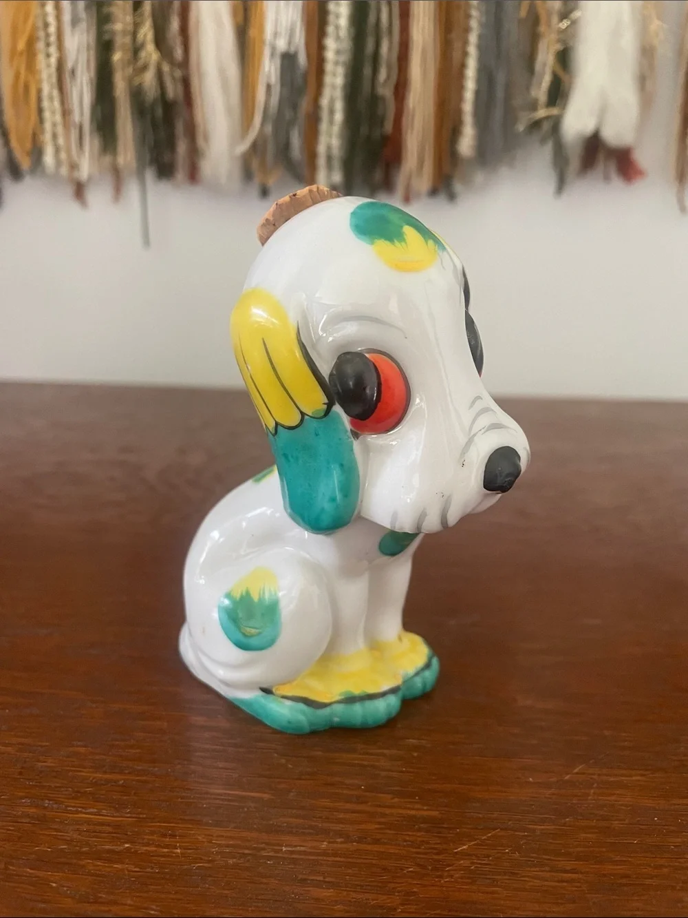 Hand-Painted Ceramic Dog Figurine White, Yellow & Teal